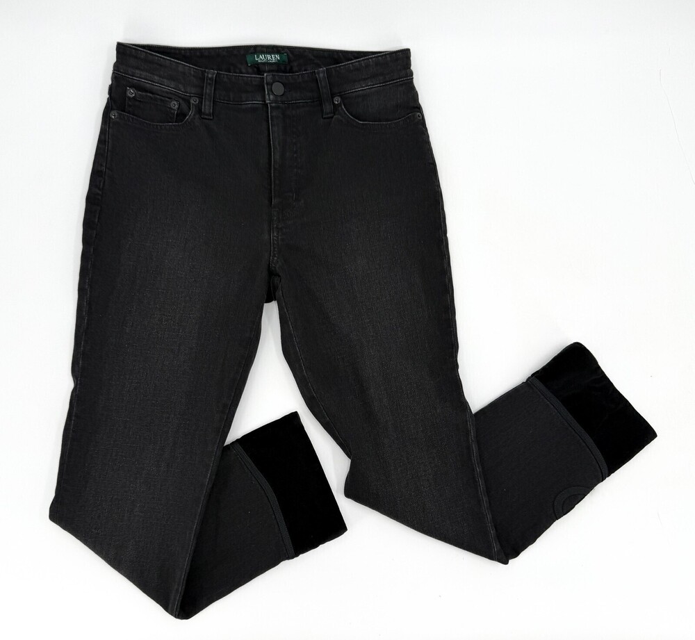 Lauren Ralph Lauren Jeans Womens 16 Black Velvet Cuff Embroidered Slim Pants